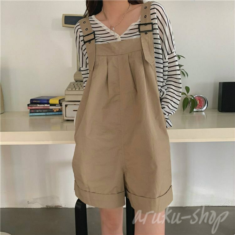 パンツ サロペット ハーフパンツ ショートパンツ 5分丈 カジュアル 大人可愛い 学生 つなぎ オーバーオール ゆったり 体型カバー ナチュラル シンプル ベージュ グリーン S M L XL