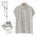 綿 前開き フレンチスリーブ フロントボタン レディース ストライプ 丸襟 ダブルガーゼ ブラウス ダブルガーゼシャツ 半袖(4)
