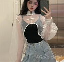 短い チャイナ服 シンプル 無地 ブラック 黒 ホワイト 白 長袖 カットソー ス ショート丈 シースルー 2色