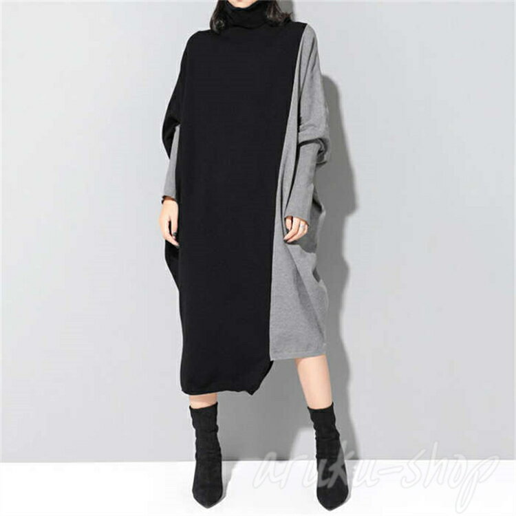 ワンピース レディース 春 秋 ハイネック ドルマン ロング丈 コクーン バイカラー ワンピース ロング丈