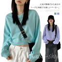 夏 春 紫 ブルー かわいい tシャツ トップス 長袖 ゆったり へそ出し 無地 パーカー スウェットレディース トレーナー