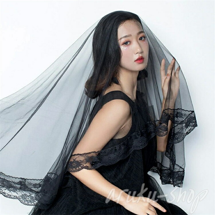 髪飾り 海外撮影 ウエディングベール 結婚式 ゴシック ベールアップ ベールダウン セミロング ブラック..