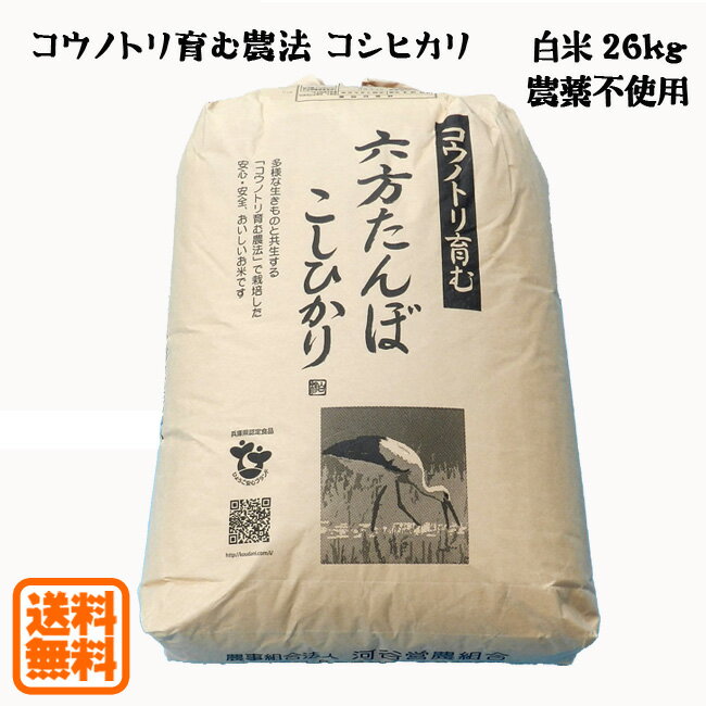 【新米予約】こうのとり米 白米（26kg）農薬不使用 六方たんぼのコシヒカリ コウノトリ育む農法 兵庫県産【送料無料】