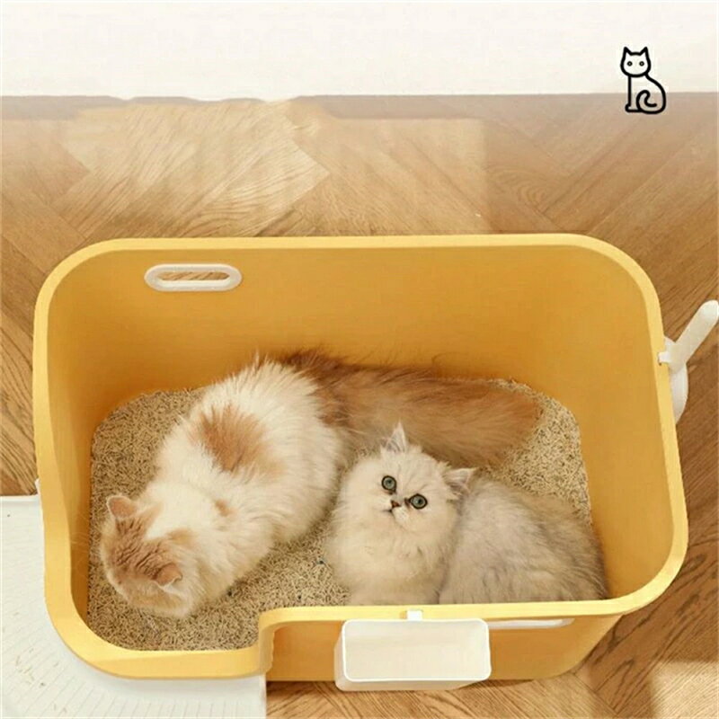 大型猫トイレ　オープンタイプ　猫用トイレ本体　大きめ　深め　猫のトイレ　広々サイズ　ゆったり　砂飛び散り防止　大開口　スコップ付き　大きな猫のトイレ　ペットトイレ　掃除簡単　階段付き　お手入れ簡単　多頭猫用　イエロー
