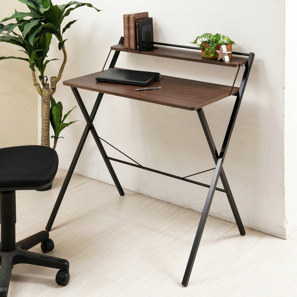 棚付折りたたみワークデスク(ハイタイプ/ブラウン) 幅80cm 折りたたみ式/テーブル/机/木目/収納/テレワーク/PCデスク/パソコンデスク/モダン/おしゃれ...