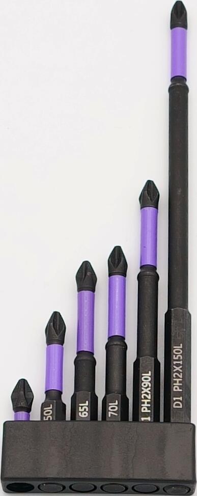 磁気ドライバービット 6本セット パープル 高硬度S2鋼 六角軸 6.35mm 電動ドライバー ビット 25mm 50mm 65mm 70mm 90mm 150mm