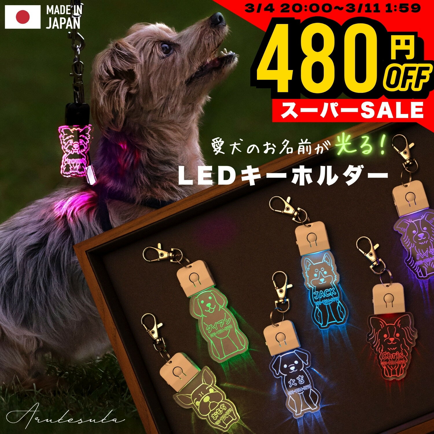 【スーパーSALE数量限定480円オフ！3/4 20時～】キーホルダー 迷子札 光る LED USB充電 ペット 犬 リード 首輪 ペンダント おしゃれ ライト お散歩 かわいい ネームプレート 名札 ledog 名入れ 刻印 ギフト プレゼント アクリル かばん リュック デザイン ゆうパケット2