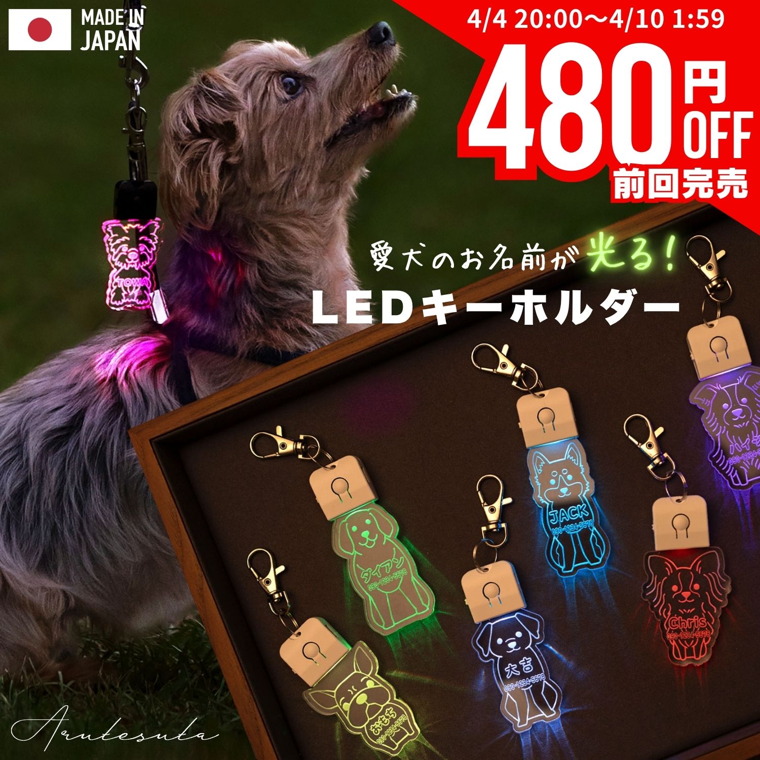 【前回完売480円オフ！先着順4/4 20時～】キーホルダー 迷子札 光る LED USB充電 ペット 犬 リード 首輪 ペンダント おしゃれ ライト お散歩 かわいい ネームプレート 名札 ledog 名入れ 刻印 ギフト プレゼント アクリル かばん リュック デザイン ゆうパケット2