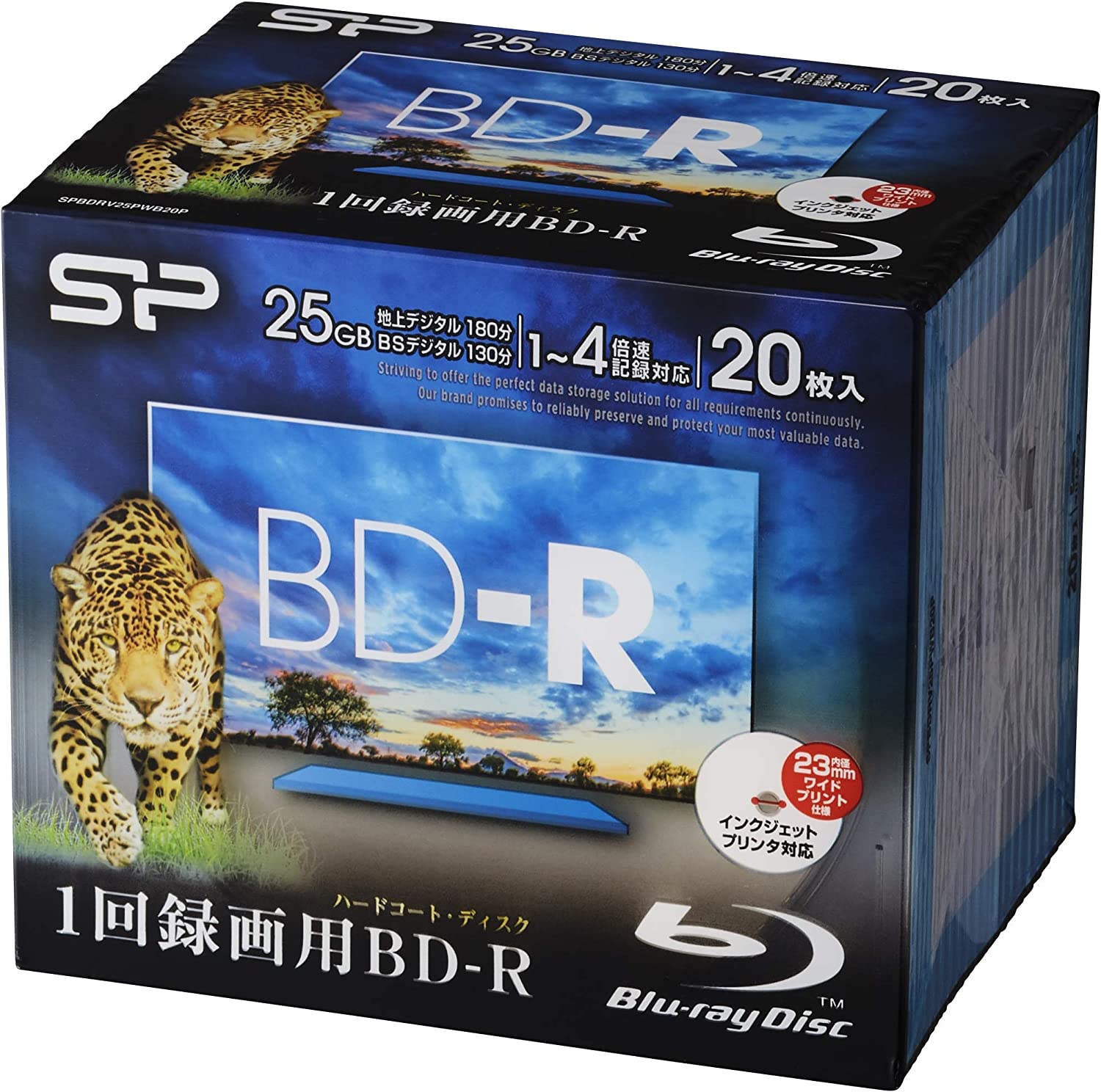 【商品説明】 ■映像用BD-R 1回録画用 25GB(地上デジタル180分、BSデジタル130分)、レーベル印刷対応の20枚入り。 ■水性ペン、油性ペンどちらでもきれいに書けるインクジェットプリンター対応レーベル。 ■印刷エリアの広い、内径23mmワイドプリント仕様のホワイト・ディスク。 動作不具合(認識しない・読み込まない等)の際はメーカーへ直接お問い合わせいただきますようお願いいたします。 店頭販売も行っておりますので、万が一品切れの際は出荷にお時間を頂く場合やキャンセルさせて頂く場合がございますご了承下さい。 ※お客様都合による返品・交換はできませんので予めご了承下さい 商品に関する(不具合等)お問合せは下記へお願い致します。 ■E-Mail：japan_service@silicon-power.com E-Mailで製品保証についてのご連絡の際には下記内容のご記載をお願いいたします。 ・具体的な不具合内容： ・SPから始まる製品型番： ・ご購入の販売店名： ・ご購入日： ■Tel: 03-5830-2061 問い合わせ対応時間：水曜日を除く平日：11:00～12:30、13:30～16:00まで ※年末年始、夏季休業期間除く