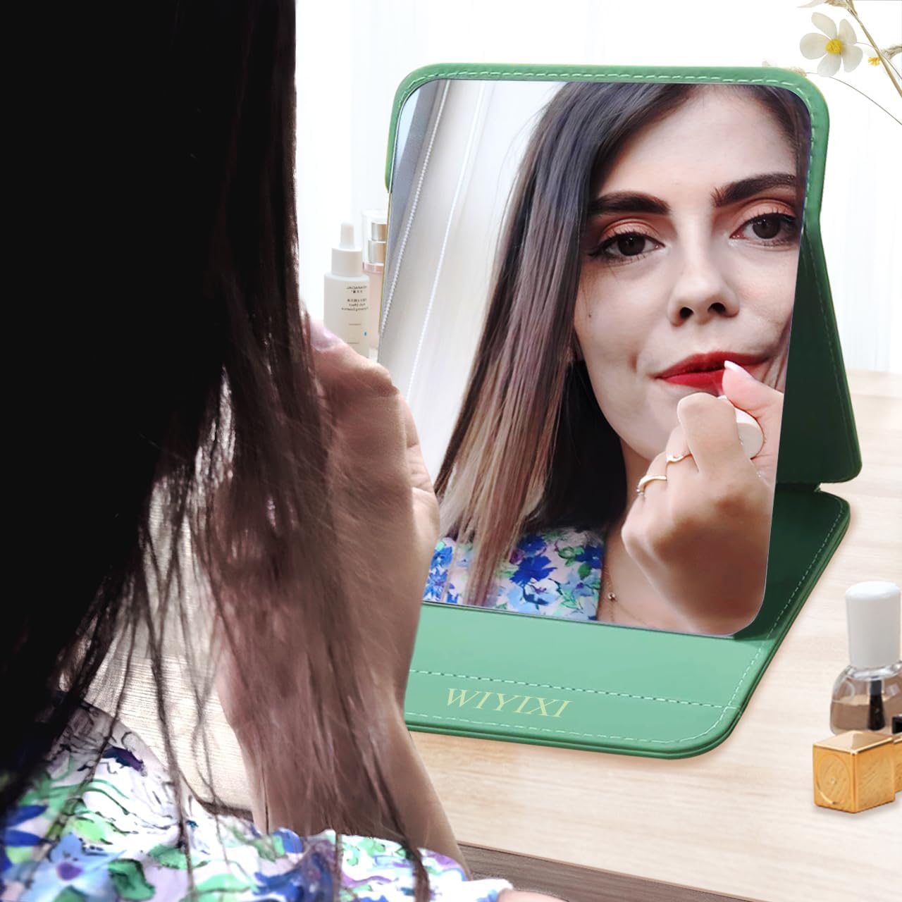 ◆訳あり◆【WIYIXI】メイクアップアーティスト スタンドミラー グリーン コンパクト鏡 折りたたみ手持ち鏡 卓上化粧鏡 [3]