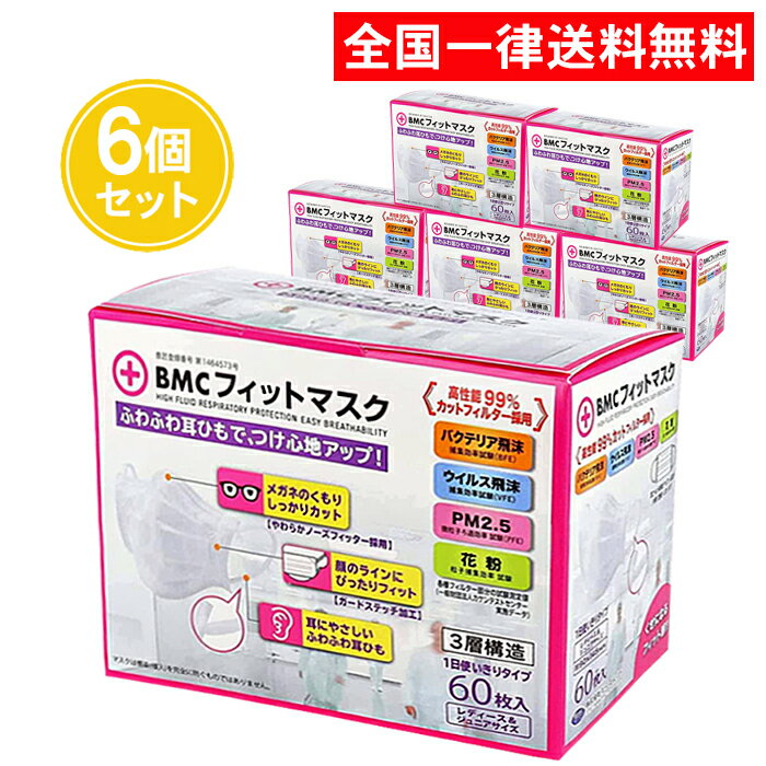 BMCフィットマスク レディース ジュニア サイズ 60枚入 6個セット マスク 女性用 子ども用 小さめ まとめ買い