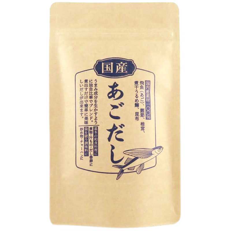 あごだしについて 国内産の飛魚（あご）、鰹節、しいたけ、煮干しうるめ鰯、昆布のうま味成分を生かすように独自比率でブレンドしました。 煮出すだけで美味しいだしができます。博多雑煮、みそ汁や煮物、鍋等のだしにおすすめです。 名称和風だし 原材料食塩、砂糖、飛魚粉末、でん粉分解物、鰹だし顆粒、煮干うるめ鰯粉末、鰹節粉末、粉末醤油、椎茸粉末、昆布粒末　、食用植物油脂 /調味料（アミノ酸等）（一部に小麦、大豆を含む） 内容量96g（8g×12袋） 賞味期限商品ラベルに記載（製造日より約1年） 保存方法直射日光、高温多湿を避けて常温で保存 ・メール便配送のため、お届け日時指定不可国内産の飛魚（あご）、鰹節、しいたけ、煮干しうるめ鰯、昆布のうま味成分を生かすように独自比率でブレンドしました。 煮出すだけで美味しいだしができます。博多雑煮、みそ汁や煮物、鍋等のだしにおすすめです。