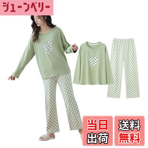 【送料無料】[VaTcsAxg] パジャマ レディース 長袖 綿100 ルームウェア 上下セット 部屋着 肌に優しい 柔らか 通気 ゆったり 可愛い 寝間着 春秋 色：グリーン、サイズ：L