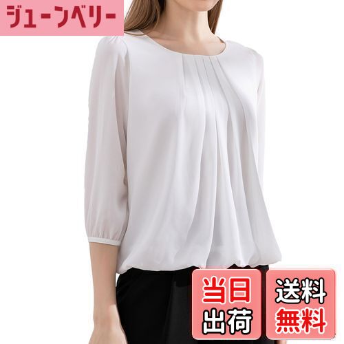 [RCL] シャツ ブラウス レディース 七分袖 オフィス タック おしゃれ 可愛い 洗える カットソ ビジネス 通勤 シフォン トップス 春 夏 秋 日常 高通気性 S〜3XL 色：ホワイト、サイズ：M