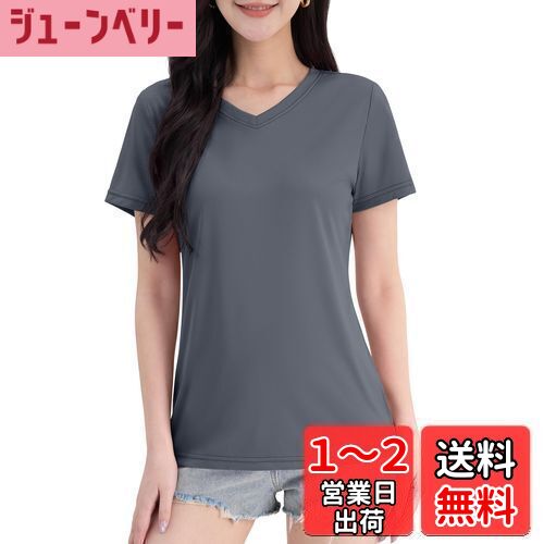 [TACVASEN] Tシャツ レディース 半袖 Vネック UPF 50+ 吸汗速乾 スポーツウェア 無地 トレナー ゴルフ ラーニング トレニングウェア 透け防止 普段着 夏 色：ダークグレー、サイズ：L