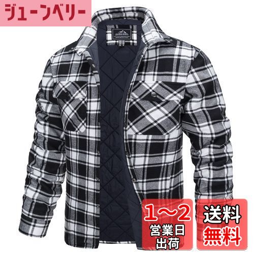 楽天ジューンベリー楽天市場店[TACVASEN] チェックシャツ メンズ 防風 保温 ジャケット 中綿 日常トップス コットン アウトドアウエア チェック柄 胸ポケット カジュアルシャツ 通勤 旅行 秋冬 色：ブラック、サイズ：XL