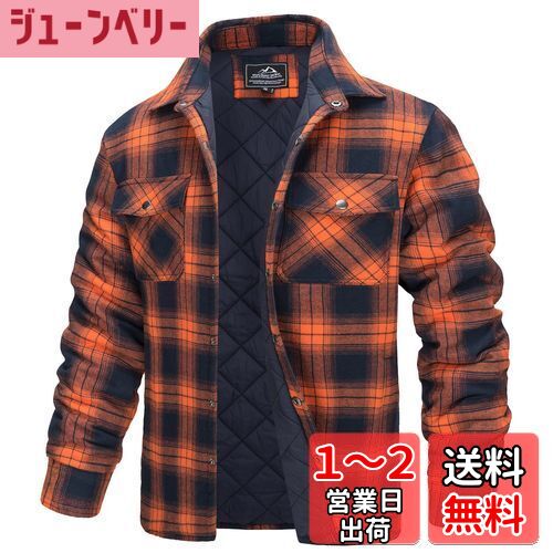 楽天ジューンベリー楽天市場店[TACVASEN] チェックシャツ メンズ 防風 保温 ジャケット 中綿 日常トップス コットン アウトドアウエア チェック柄 胸ポケット カジュアルシャツ 通勤 旅行 秋冬 色：オレンジ、サイズ：L