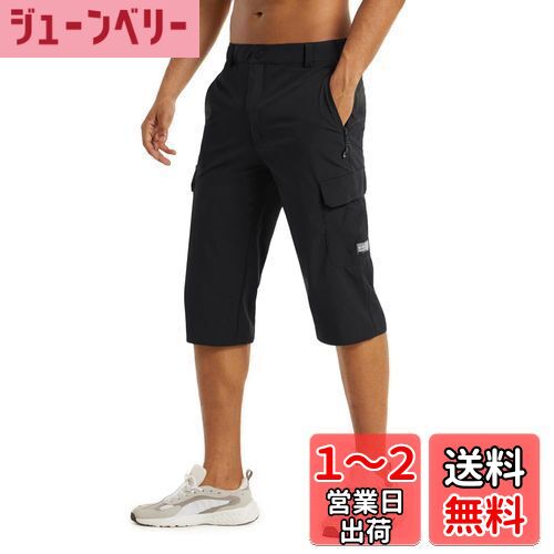 アウトドア メンズ ハーフパンツ スポーツ ショーツ 半ズボン 七分丈 カーゴパンツ 薄手 短パン 撥水 速乾吸汗 スリム 春夏秋 色：ブラック、サイズ：2XL