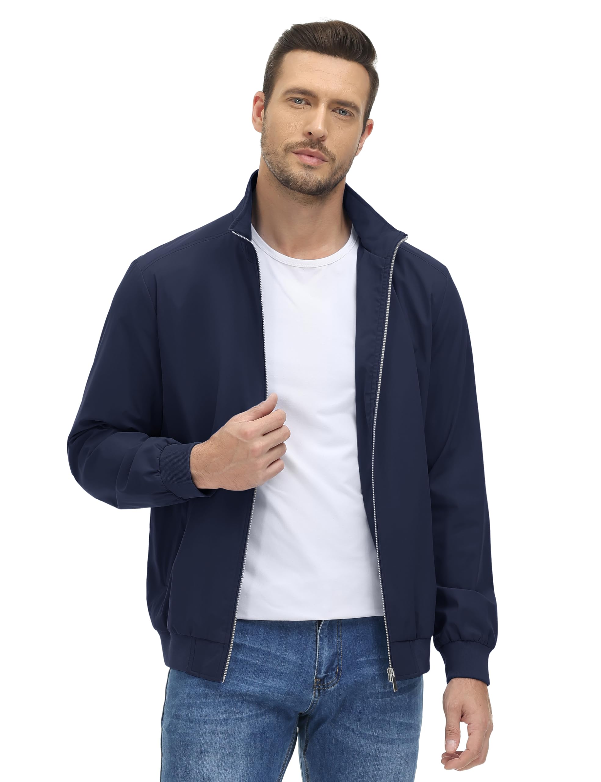 【送料無料】[TACVASEN] ジャンパー メンズ 秋 バイクジャケット 軽量 薄手 野球 作業着 ブルゾン 無地 ビジネス カジュアル ウインドブレーカー 撥水 防風 アウター 秋服 色：ネイビー、サイズ：3XL 3