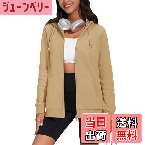 【送料無料】[TACVASEN] レディース スウェット ジップアップ フード付き フリース 裏地 パーカー カンガルーポケット 長袖 無地 カジュアルウエア ジップアップ 防寒着 大きいサイズ 軽量 薄手 春秋 色：カーキ、サイズ：M