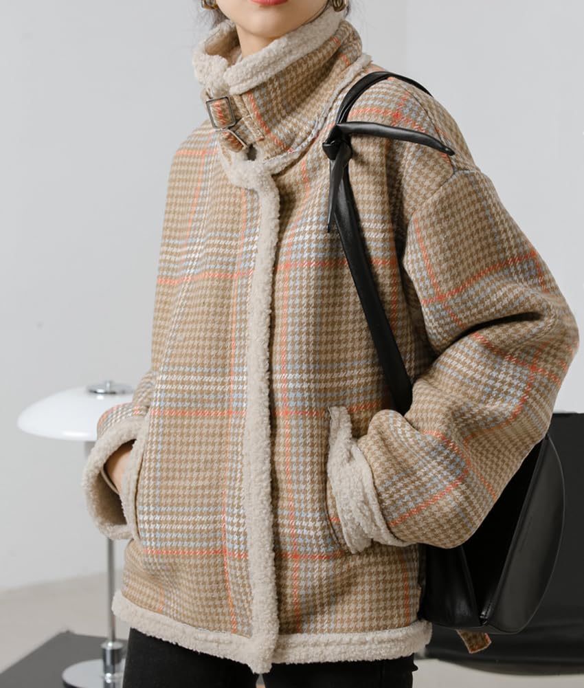 【送料無料】[TASOGARA] ボアジャケット レディース ボアコート アウター もこもこ ボアブルゾン 秋冬 ゆったり 防寒 暖かい 柔らかい カジュアル 可愛い 通勤 通学 色：チェック、サイズ：L 2