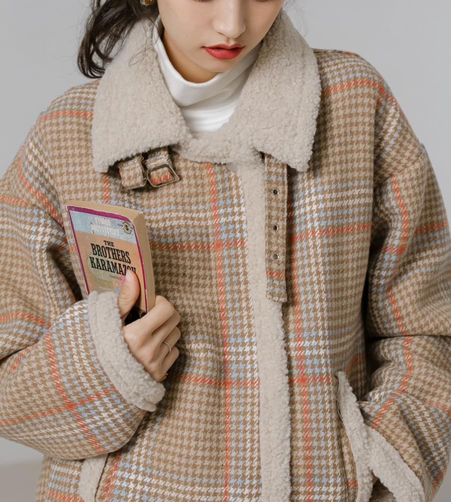 【送料無料】[TASOGARA] ボアジャケット レディース ボアコート アウター もこもこ ボアブルゾン 秋冬 ゆったり 防寒 暖かい 柔らかい カジュアル 可愛い 通勤 通学 色：チェック、サイズ：L 3