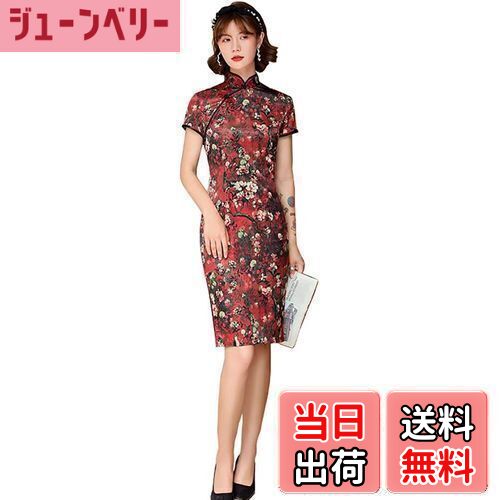 【送料無料】[TRTRO] チャイナドレス 膝丈 チャイナ服 ひざ丈 チャイナワンピース 大きいサイズ ミディアム ハーフ丈 色：ブラックレッド、サイズ：M