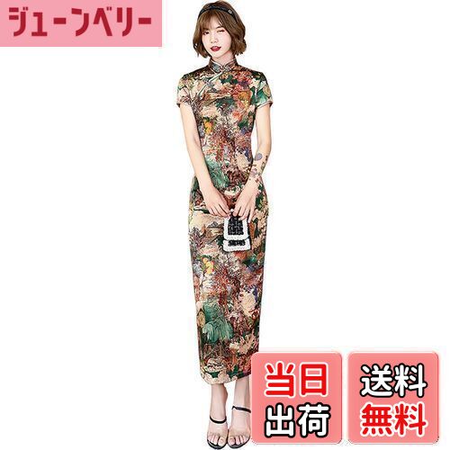 【送料無料】[TRTRO] チャイナドレス ロング チャイナ服 チーパウ チャイナワンピース マキシ丈 色：グリーン、サイズ：2XL