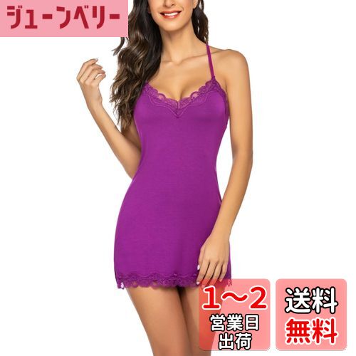 [Avidlove] レディース ランジェリー ネグリジェ セクシー レース スリープウェア 寝巻き Vネック ハーフスリップ シュミーズ ランジェリー ナイトガウン ベビードール スリープシャツ（S~XXL） 色：パープル、サイズ：2XL