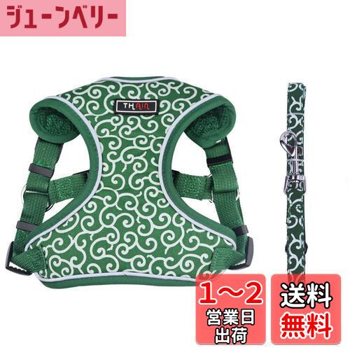 THAIN 犬 ハーネス 超小型犬 犬用ハーネス 超小型犬 ハーネス リード ベストハーネス 犬 抜けない 胴輪 おしゃれ 小型犬の子犬 ドッグハーネス ハーネス リード セット 唐草模様 夜間反射 サイズ調節可能(XXS 唐草模様緑)