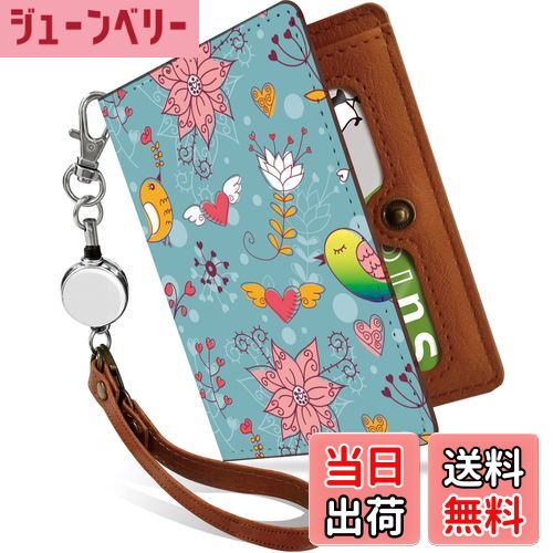【送料無料】[Pretimo] 北欧柄 ほくおう 花柄 花 鳥 トリ ハート 二つ折り リールストラップ付 パスケース 色：北欧 花 インコ 青、サイズ：リール付きパスケース