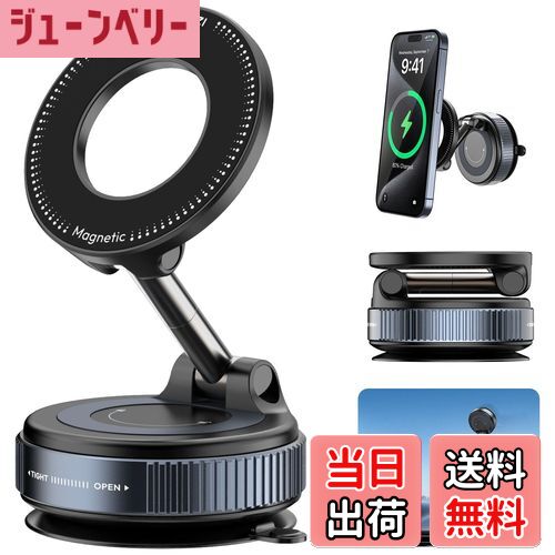 【送料無料】Ulanzi スマホホルダー 真空吸着式スマホホルダー 車載ホルダー 手動強力吸盤 Magsafe対応 真空スマホスタンド 車 360°回転 多角度自由調節 片手操作 折りたたみ式 落下防止 コンパクト 卓上＆車内兼用 iPhone&Android多機種対応 色：ブラック