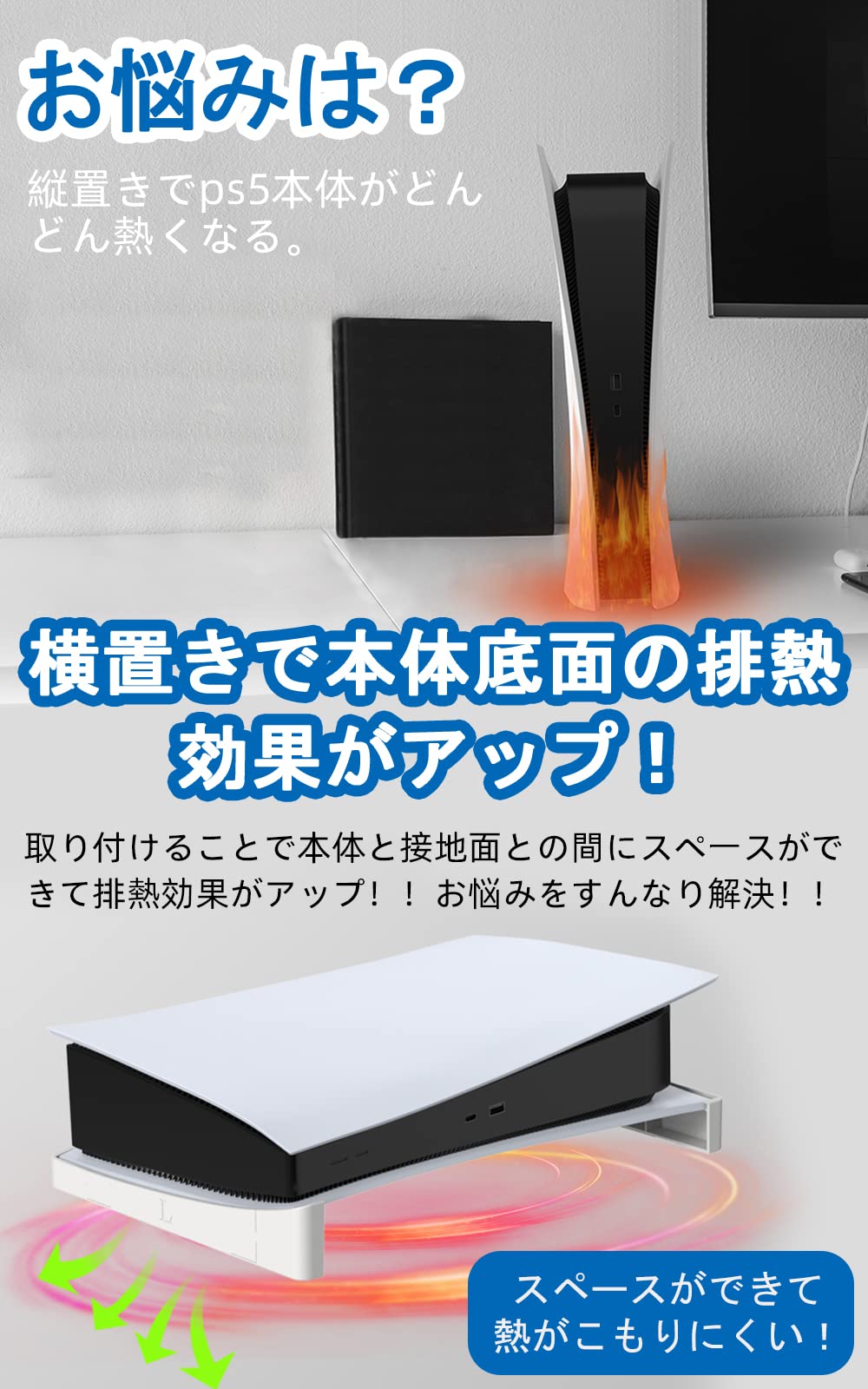 【送料無料】BingDi PS5本体 横置きスタンド 地震対策/落下防止/冷却改善/滑り止め 取り付け簡単 PS5の通常版とデジタル版両対応（ホワイト）