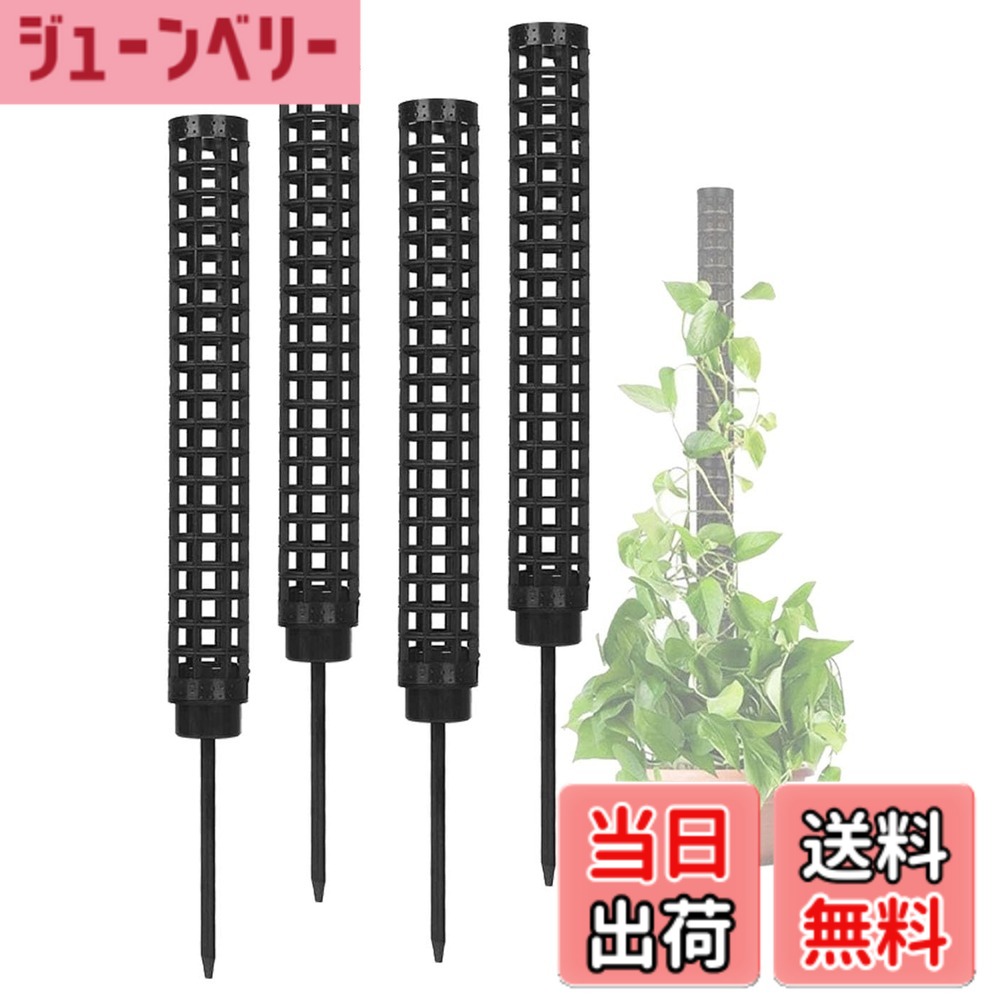 商品情報 商品の説明 主な仕様 観葉植物やモンステラなどのつる性植物の成長をサポートするモスポール支柱4本セットです。ホワイト、ブラック、グリーンの3色からお選びいただけます。軽量かつ耐久性のあるプラスチック素材を使用し、観葉植物の成長に合わせて支柱を連結することができ、高さを調整できます。4本セットのため、複数の植物を同時にサポートすることも可能です。観葉植物やつる性植物の横に支柱を配置し、植物を支柱に絡まるようにすることで美しいアレンジを楽しむことができます。内側には、土、ミズゴケ、砂利などの栄養分を入れることが可能です。モンステラ、ポトス、トマトだけでなく、マネーツリー、ピートモス、ミズゴケ、ツタなどの着生植物やつる性の観葉植物の栽培にお使いいただけます。屋内、屋外使用可。【サイズ】スタンドの長さ：26cm / スタンドの幅：3.5cm / 針の長さ13cm / 重量：38g 【カラー】ホワイト、ブラック、グリーン # 【送料無料】S.fields.inc モスポール 支柱 4本セット 連結可 観葉植物 モンステラ プラスチック 園芸 植物サポート (ブラック) あなたの観葉植物が成長する姿を見守りたい、でもつる性の植物はしっかり支えてあげないといけない。そんなお悩みを抱えている方に、ピッタリのソリューションがあります。この商品は、観葉植物の成長をサポートするための支柱セットです。特にモンステラやポトスなど、つる性の植物に最適。誰でも簡単に使用でき、庭や室内でも美しいアレンジを楽しめます。 手軽に連結できるデザインで、高さを調整できるため、多様な植物の成長に合わせて利用できます。4本セットなので、複数の植物を一度にサポート可能で、長期間にわたってしっかり支え、魅力を引き出します。この商品を使用することで、あなたの植物はより美しく成長し、豊かな緑を楽しむことができます。今すぐ、あなたのガーデニングライフを一段と豊かにするこの商品を手に入れてください！ ## モスポール支柱の特長と利点 このモスポール支柱は、観葉植物やつる性植物の支持に特化した設計です。軽量かつ耐久性に富んだプラスチック素材を使用しており、扱いやすさが魅力です。支柱の高さは、植物の成長に合わせて簡単に調整できるため、植物が成長するたびに最適なサポートを提供できます。特にモンステラやポトスなどの人気のつる性植物は、自然な形で這わせることができ、見た目もさらに美しくなります。 また、支柱は連結することができるため、高さを自由に調整することが可能です。この特長により、多様なサイズや形状の植物にも使用でき、自由なレイアウトを楽しむことができます。また、モスポールは内側に栄養分を入れるスペースがあるため、土やミズゴケを使って植物がしっかりと育つ環境を整えることができます。 支柱のデザインには、スタイリッシュなブラックが採用されており、インテリアとも馴染みやすいです。このため、観葉植物を室内で育てたい方にも最適です。手入れが簡単で耐久性が高いため、長期間にわたって安心してお使いいただけます。 さらに、4本セットで提供されているため、複数の植物を同時に支えることが可能です。これにより、庭や室内での植物配置が自由自在になり、ガーデニングをさらに楽しめるでしょう。おしゃれに飾りつけながらも、植物の健康をしっかりサポートします。 ## 使用方法と取り扱いのポイント モスポール支柱の使用は非常に簡単です。まず支柱をしっかりと地面に刺し込みます。この際、植物の根元付近に設置し、植物が自然に支柱に絡まりやすい位置に配置することがポイントです。支柱を立てる際は、土を押し固めて支柱がぐらつかないように注意しましょう。 次に、植物の茎が成長してきたら、優しく支柱に絡ませます。根元から上へ向かって、少しずつ絡ませることで、植物が自然に支柱に添って成長することができます。このとき、あまり強く引っ張らないように注意してください。無理に絡ませると、植物に負担がかかってしまうことがあります。 連結機能も便利です。支柱同士を連結することで、高さを調整することができます。植物が成長するにつれ、支柱の高さを上げることができるため、長い期間にわたって使用可能です。また、支柱に内側に栄養を入れることで、植物に必要な栄養を届けることができ、健康的な成長をサポートします。 この支柱は屋内外問わず使用できるため、ガーデンやバルコニー、さらには室内の観葉植物にも対応しています。適度な水分を保ちつつ、しっかりと支えることが可能です。これらの特長を活かして、あなたの植物をより美しく育ててみてください。 ## お手入れと注意点 モスポール支柱は、比較的手入れが簡単ですが、いくつか注意点があります。まず、プラスチック製品のため直射日光が長時間当たらない場所で使用することをお勧めします。熱にさらされることで変形する可能性があるからです。また、湿度が高すぎる場所ではカビが生えるおそれもあるため、風通しが良い場所で育てると良いでしょう。 次に、植物の成長に合わせて支柱を調整する必要があります。植物が大きくなりすぎて支柱から外れてしまうと、サポートが不十分になってしまいます。このため、こまめに植物の成長を観察し、必要に応じて支柱の位置や高さを調整してください。 お手入れに関しては、定期的に土の湿度を確認し、植物に必要な水分を適切に与えることが大切です。また、支柱の表面には土や葉の残骸が付着しやすいため、こまめに拭き取ることで清潔を保つと良いでしょう。これにより、植物が健康的に育つだけでなく、インテリアとしても美しい状態を維持できます。 安心して長く使えるモスポール支柱ではありますが、耐久性があるとはいえ外部要因によって劣化することもあります。定期的に確認し、必要に応じて交換を検討してください。ガーデニングを楽しむ道具として、長寿命を保つために適切なお手入れを心がけましょう。 ## まとめ - モスポール支柱は観葉植物やつる性植物に最適なサポート商品です。 - 連結機能により、高さの調整が簡単です。 - プラスチック製で軽量かつ耐久性が高く、長期間使用が可能です。 - お手入れが簡単で、屋内外での使用に適しています。 - 複数の植物を同時に支え、自由なレイアウトが楽しめます。 - 定期的な観察と手入れで、植物を元気に育てましょう。