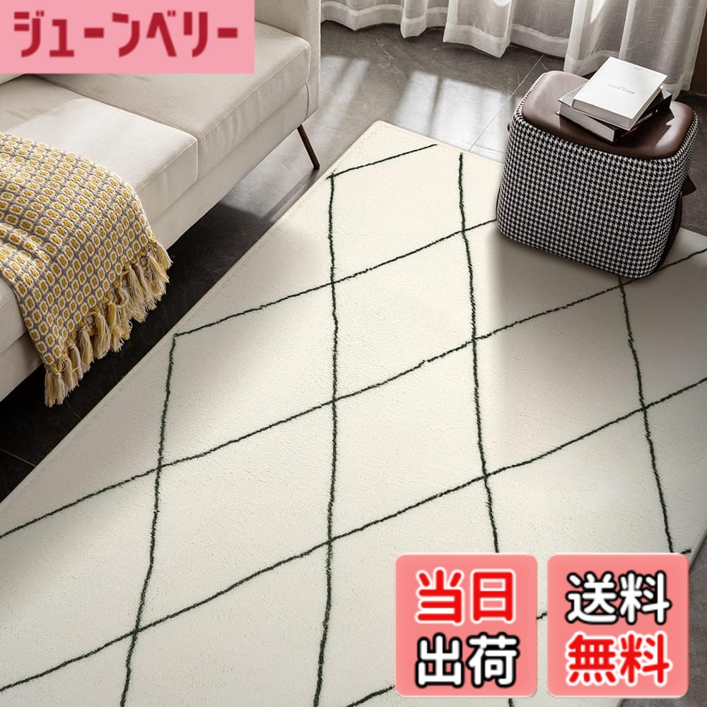 商品情報 商品の説明 主な仕様 【商品仕様】サイズ：90x150cm、厚さ：約6-10mm、表面素材：100％ポリエステル。裏面素材：不織布（滑り止め加工）。オーバーロック加工の端、遊び毛が出たり、形を崩れたりしにくい。梱包：折り畳み。※裏面に滑り止め加工を施しているため、床暖房の上に直接敷くのはおすすめできません【北欧風の幾何学柄】シンプルで自然な線から描かれた幾何学模様、繊細なデザイン画を最新の印刷技術でふわふわの人工ウール生地にプリント、馴染みやすいホワイトとベニワレン風のデザインはお部屋のアクセントとしてもおすすめ【特徴】不織布製の裏面には滑り止め加工を施しておりので、子供やペットがいらっしゃるご家庭でも安心してご使用いただけいます。吸水・防音・防ダニ・抗菌・防臭仕様、薄くて軽く、女性でも余裕で折りたたみや持ち運びができます。ふんわり柔らかく、沈みこむような心地良い質感。ほどよいな厚さで、1年中使えます。※他のマットの上に使用しても滑り止め効果も抜群です【お手入れ簡単】毛足は短くて密度が高く、ゴミや髪が絡みにくく、日常の清潔は掃除機をかけるだけでキレイ になります。また、汚れた場合は手洗いや洗濯ネットに入れて洗濯機で洗うことができます（ご注意：風通し の良いところで陰干しし、アイロン、乾燥機のご使用をお避け下さい。）【幅広く活躍】ラグは機械織り製造で、丈夫で破れにくく、床を保護すると同時にインテリアとしても活用できま す。また、ほどよい厚さで、オールシーズンお使いできます。ベッドサイド、リビングルーム、ベランダ、やダイニングの テーブルの下など様々なシーンで活躍します # 【送料無料】HAOCOO カーペット ラグ ラグマット 約1畳 北欧 アンティーク 幾何学柄 ふわふわ 滑り止め ホットカーペット対応 防音 洗濯可能 オールシーズン適用 リビング ダイニング (90х150cm,アイボリー) 毎日の生活の中で、お部屋を心地良く過ごすためのカーペット選びはとても大切です。特に小さなお子様やペットがいる家庭では、安心して使える製品が求められますよね。そこで私たちがおすすめするのが、HAOCOOのカーペットラグです。北欧風のデザインや色合いは、どんなインテリアにもマッチしますが、機能性も抜群です。防音や抗菌、防臭など、家族の健康を守る特徴が満載です。これを敷くことで、柔らかな質感を体感しつつ、部屋全体が温かく、居心地の良い空間に変わります。普段の掃除やお手入れも簡単で、清潔感を保ちながら長く使えます。ぜひ、HAOCOOのカーペットラグで、あなたのお部屋を更に素敵な空間に変えてみませんか？ ## 商品の特徴 HAOCOOカーペットラグは、約90×150cmのサイズで、厚さは約6?10mmです。この適度な厚さは、床にやさしく、また足元を冷えから守ります。表面素材は100%ポリエステル製で、柔らかさとふわふわ感があります。裏面は不織布で滑り止め加工が施してあり、安心して使用できます。お子様やペットがいる家庭でも、安心して使える設計です。特に、遊び毛が出にくく、形が崩れにくいオーバーロック加工が施されているので、長持ちします。 また、このカーペットは北欧風の幾何学模様が特徴的で、シンプルながらも目を引くデザインです。ホワイトとベニワレン風の組み合わせが美しく、部屋のアクセントとしても最適です。リビングやダイニング、寝室など、さまざまなシーンでお使いいただけます。デザイン性だけでなく、多機能性も兼ね備えています。例えば、吸水性に優れており、水分をしっかり吸収しますので、万が一の汚れも気になりません。 さらに、防音効果や防ダニ・抗菌機能も強化されています。これにより、日常の生活音やダニの発生を抑えることができます。特に、家族の健康を考える上で重要なポイントです。さらに、軽くて持ち運びが容易なので、女性でも楽々移動できます。必要に応じて簡単に取り外してお手入れ可能です。これこそ、HAOCOOのカーペットラグが高く評価される理由です。 ## お手入れ・洗濯について 日々の忙しさの中で、家の掃除をこまめに行うのは大変ですよね。HAOCOOのカーペットラグでは、日常の清掃が非常に簡単です。特に、毛足が短く密度が高いため、ゴミや髪の毛が絡みにくく、掃除機でさっとかけるだけで清潔が保てます。お手入れの手間が省けるのは、忙しい現代人には嬉しいポイントです。 さらに、万が一汚れてしまった場合でも安心です。裏面に滑り止め加工が施されているので、洗濯機での洗濯も可能です。まずは手で軽く汚れを落としてから洗濯ネットに入れ、洗濯機で洗ってください。ただし、洗濯後は風通しの良い場所で陰干しすることをお勧めします。乾燥機やアイロンを使うと、マットの劣化の原因になりますのでご注意ください。 また、カーペットラグは折りたたみ式で、収納も簡単です。散らかっている部屋をすっきりさせたい時など、移動がスムーズに行えます。モデルの違いや使用場所によって、様々な選択肢があり、自分のライフスタイルに合わせて使えるのも大きな魅力です。特にオールシーズン使用できるので、夏場でも冬場でも重宝します。お手入れが簡単で、おしゃれなデザインを持つHAOCOOのカーペットラグは、どんなライフスタイルにもぴったりフィットするでしょう。 ## さまざまなシーンでの活用法 HAOCOOのカーペットラグは、デザイン性と機能性を兼ね備え、様々な場所で使えるのが魅力です。例えば、リビングではソファの下に敷くことで、空間に統一感をもたらし、おしゃれな印象を与えます。また、ダイニングテーブルの下に敷くことで、食事の際の快適さを増すことができます。子供たちが過ごすプレイルームにも最適です。 さらに、寝室に敷くことで、毎朝の目覚めをより快適にしてくれます。足元が冷たくないだけでなく、ふわふわの素材が心地良い感触を提供し、一日の始まりを明るくしてくれます。玄関マットとして使用する際も、スタイリッシュなデザインで家の入口を彩ります。 また、ベランダやバルコニーに敷けば、外の空気を楽しむための快適なスペースを作れます。このようにHAOCOOのカーペットラグは、あらゆるシーンでの活用が可能です。生活の質を高めるために、ぜひお試しください。 ## まとめ - HAOCOOカーペットラグは、多機能でデザイン性が高い。 - 約90×150cmで、厚さは6?10mm。 - 日常のお手入れが簡単で、洗濯が可能。 - 様々なシーンで活用でき、オールシーズン使える。 - 家族の健康を守りつつ、おしゃれな空間を演出できる。