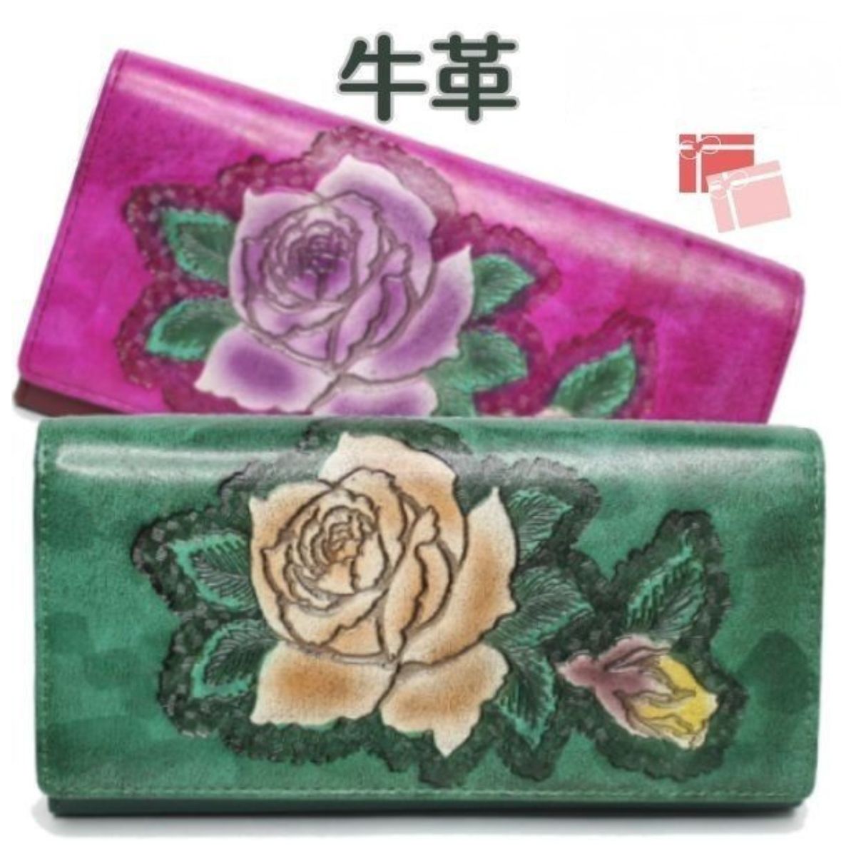 【ポイント10倍】 財布 レディース長財布 緑財布 緑色 グリーン ローズピンク 縁起良い 緑の財布 淀川染 牛革 レザー 革製品 レディース財布 女性用財布 札入れ 薔薇 ばら バラ プレゼントにも ギフト 和柄財布