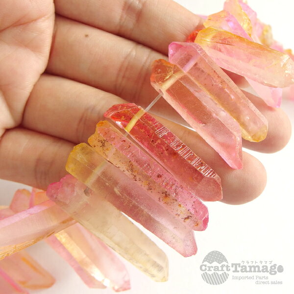 天然クリスタル 不揃いビーズ ピンク＆イエロー ポイント 10粒 水晶 原石 アクセサ...