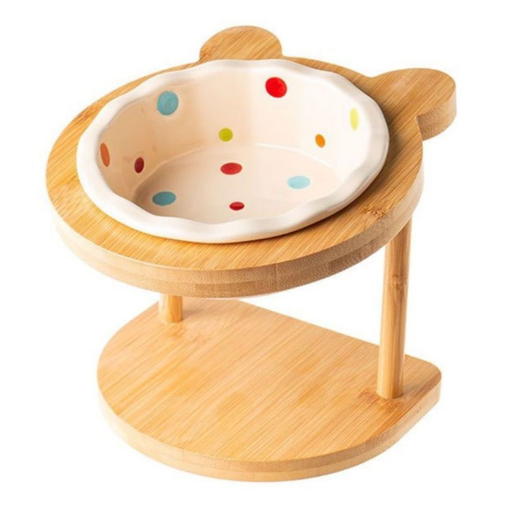 猫用 食器台 木製 高さ調整 陶器 フードボウル ドット フードボール フードスタンド ボウルつき お皿 食器スタンド 小型犬 猫犬兼用 ペット用 おしゃれ かわいい エサ台 脊椎に良い ドッグフード入れ 餌入れ 水入れ