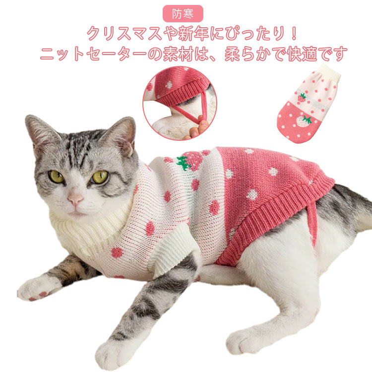 子犬 犬服 いちご 冬 セーター 苺 防寒 猫服 キャットウェア ペット服 ドッグウエア 防寒 あたたか セーター 猫 小型犬 ニット 子猫 傷舐め防止 仔猫 ペット 保護 洋服 猫用洋服 小型犬用 ネコ クリスマス サンタクロース イチゴ