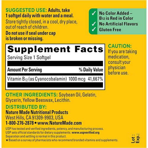 Asahical LLCの【送料無料】ネイチャーメイド Nature Made ビタミンB12 1000mcg ソフトジェル 150粒（約150日分）エネルギー代謝サポート サプリメント アメリカ 海外｜アングル2