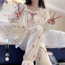可愛い 上下セット レディース パジャマ ルームウエア リボン ハート柄 ストライプ 無地 長袖 部屋着 寝間着 長ズボン 春夏秋冬 薄手 柔らかい 大人可愛い...