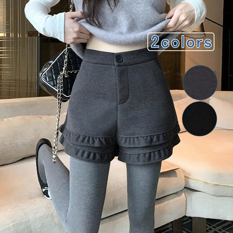 Jeans, Denim - ＼期間限定10％OFFクーポン／フリル裾 ワイドパンツ レディース ショートパンツ ガウチョパンツ ラシャ 無地 厚手 Aライン キュロット 可愛い ポケット付き カジュアルパンツ ハイウエスト ゆったり 通勤 通学 着痩せ 美脚 短パン 春秋冬 おしゃれ 送料無料