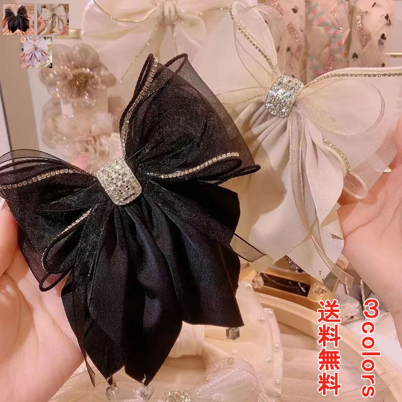 バレッタ リボン サテン ラインストーン キラキラ ヘアアクセ ヘアピン ボリューム ヘアアレンジ ヘアアクセサリー スカーフバレッタ 無地 まとめ髪 蝶結び 大人っぽい 女性 婦人用 キッズ 光沢 エレガント 髪飾り おしゃれ かわいい トレンド 送料無料