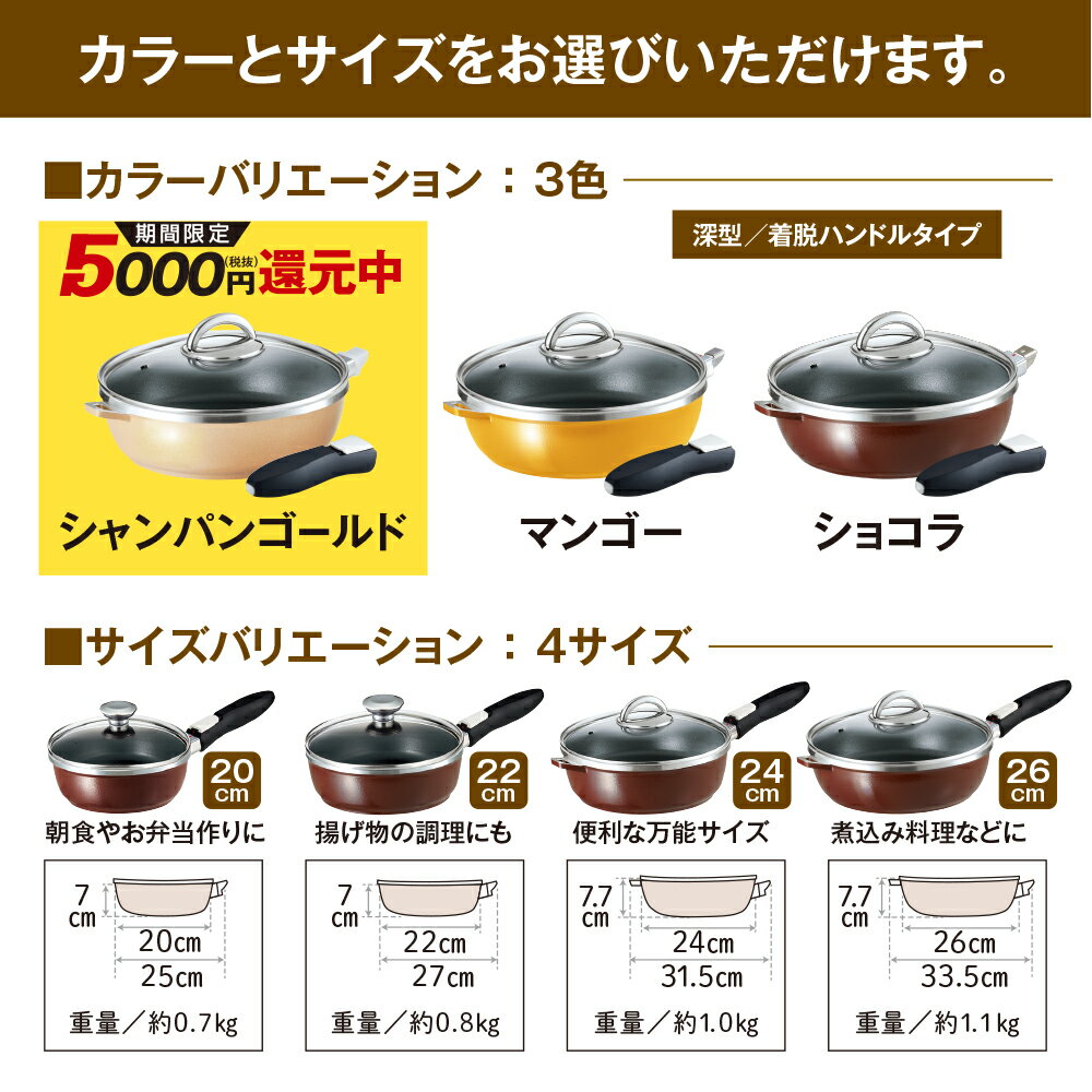フライパン オールパンゼロ 選べる 3色 4サイズ 20cm 22cm 24cm 26cm IH ガス火 対応 深型 取っ手が取れる 日本製 鋳物 鋳造 蓋 ガラス蓋 油なし 水なし ヘルシー 万能 レシピ付き 簡単調理 揚げ物 焼き物 キッチン 調理器具 アサヒ 軽金属