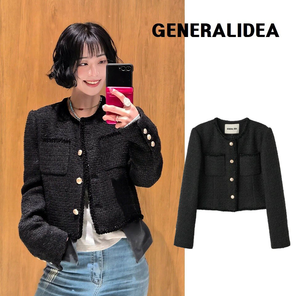 [GENERAL IDEA] (ジェネラルアイディア) Trimming Crop Tweed Jacket [BLACK] ジェネラルアイディア トリミング クロップ ツイード ジャケット [ブラック] 韓国ブランド トレンド ツイードジャケット クロップド丈 きれいめ フォーマル デイリー ブラック レディース