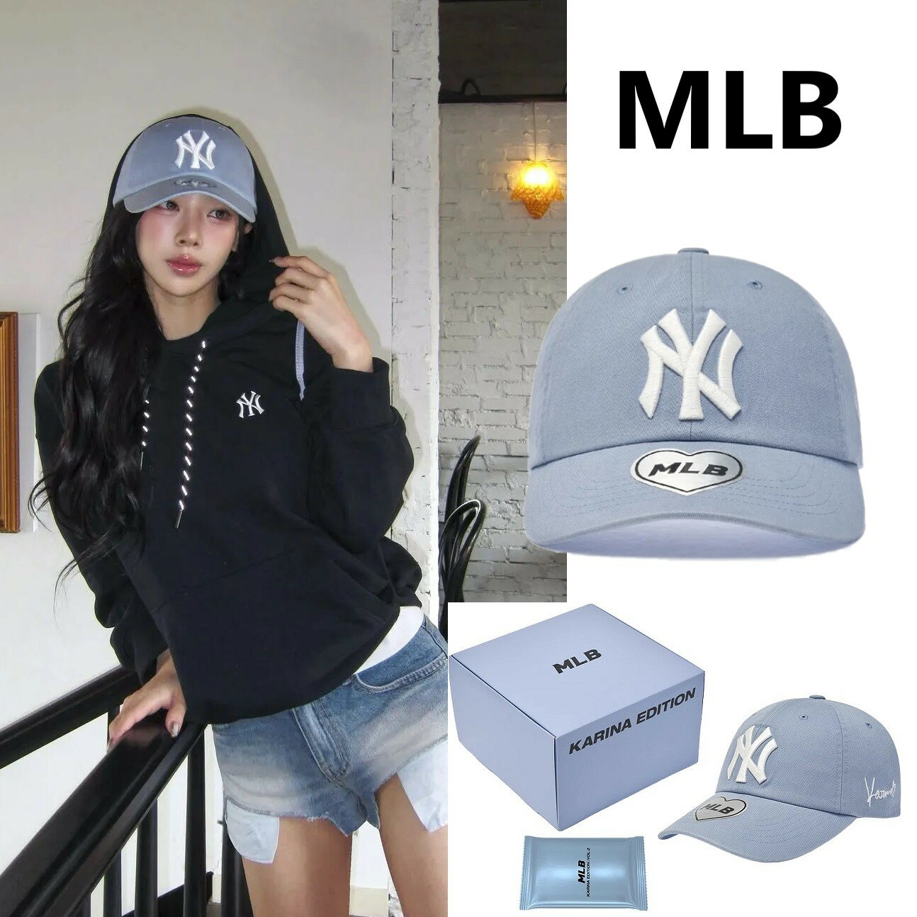 樂天商城 - [MLB] Karina X MLB Signature Unstructured Ball Cap NY (L.SKY BLUE) エムエルビー (カリナ) X MLB シグネチャー アンストラクチャー ボールキャップ ニューヨーク・ヤンキース (ライトスカイブルー) MLB Korea aespa カリナ着用 ボールキャップ 帽子