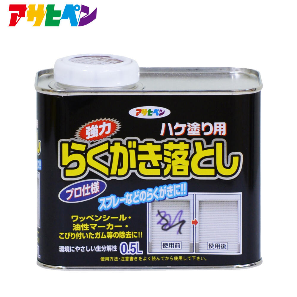 スプレーなどのらくがき落としに！ 特長 ● スプレーなどの落書きやいたずら書きを簡単に落とします。 ● 塩素系溶剤を使用していない、生分解性の環境にやさしい商品です。　 ● たれにくく浸透性が良いので、短時間で落書きを除去できます。 用途 ● コンクリート、モルタル、タイル、外壁、金属パネル（ガードレール）面等の落書き落とし。 ● 公共施設（遊戯場、トイレ、公園など）、道路構造物（橋脚、地下道、歩道橋、電柱、街灯など）、各種建造物（壁、掘、門扉、シャッターなど）等の落書き落とし。 【使用方法】 ●本品をよく振ります。 ●あらかじめ目立たない部分に塗布して1&#12316;2分後に布で拭きとり、下地を傷めないことを確かめてから使用してください。 ●本品が余分な所につかないように、あらかじめマスキングテープ等で養生します。 ●下地が粗い場合(コンクリート、ブロック、モルタルなど) 本品を落書き面にたっぷり塗り、1&#12316;2分後にブラシやタワシでこすってから布で拭きとってください。 この作業を2&#12316;3回くり返した後、布に本品を付けて落書きをきれいに拭きとり、最後に新しい布で水拭き又は水洗いしてください。 ●下地が平滑な場合(シャッター、タイルなど) 本品を落書き面にたっぷり塗り、1&#12316;2分後にポリベラでこそぎとってください。この作業を2&#12316;3回くり返した後、布に本品を付けて落書きをきれいに拭きとり、最後に新しい布で水拭き又は水洗いしてください。 ※落書き全体に一度に塗りつけず、部分的に少しずつ塗った方が落としやすくなります。 【使用できる下地塗装面】 焼付け塗料、二液型ウレタン塗料、二液型エポキシ塗料など 【使用できない下地塗装面】 アクリル樹脂塗料、合成樹脂調合ペイント、一液型ウレタン塗料など 【使用できない下地プラスチック面】 ABS、塩化ビニル、ポリスチレン、ポリカーボネート、ゴム、シーリング材など 【適さないもの】 高価な製品(自動車、高級家具、ピアノなど)、皮革製品、塩ビ壁紙など 注意事項 ●表示の用途以外には使用しないでください。 ●火気のあるところでは使用しないでください。 ●落書きや下地の素材、状態によっては充分な除去効果が得られない場合があります。 ●落書きを除去した際、万一下地の塗装面を傷めた場合は、塗装面と同種の塗料で補修塗りをしてください。 ●落書き除去面以外の部分は、本品がかからないように養生してください。特に植木、花壇、備品などの養生には充分留意してください。 ●気温が低い時は、除去効果が低下します。 規格 420ml（スプレータイプ）、0.5L、1L 使用量： 【使用面積】 0.5L　5&#12316;5.5&#13217; 1L　10&#12316;11&#13217; 420ml(スプレー)　0.8&#12316;0.9&#13217; 材質/成分 アルコール類、リモネン 当商品JANコード 4970925602060 ※掲載製品は、予告なく製品の仕様・デザイン等を変更することがありますので、ご了承ください。