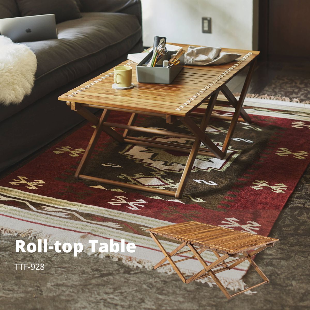 ロールトップテーブル ブラウン TTF-928 ロールトップテーブル ロールトップ テーブル 机 アウトドアテーブル フォールディングテーブル 折りたたみ アウトドア キャンプ ロータイプ 低い 低め 収納 持ち運び チーク材 本革 天然木 木製