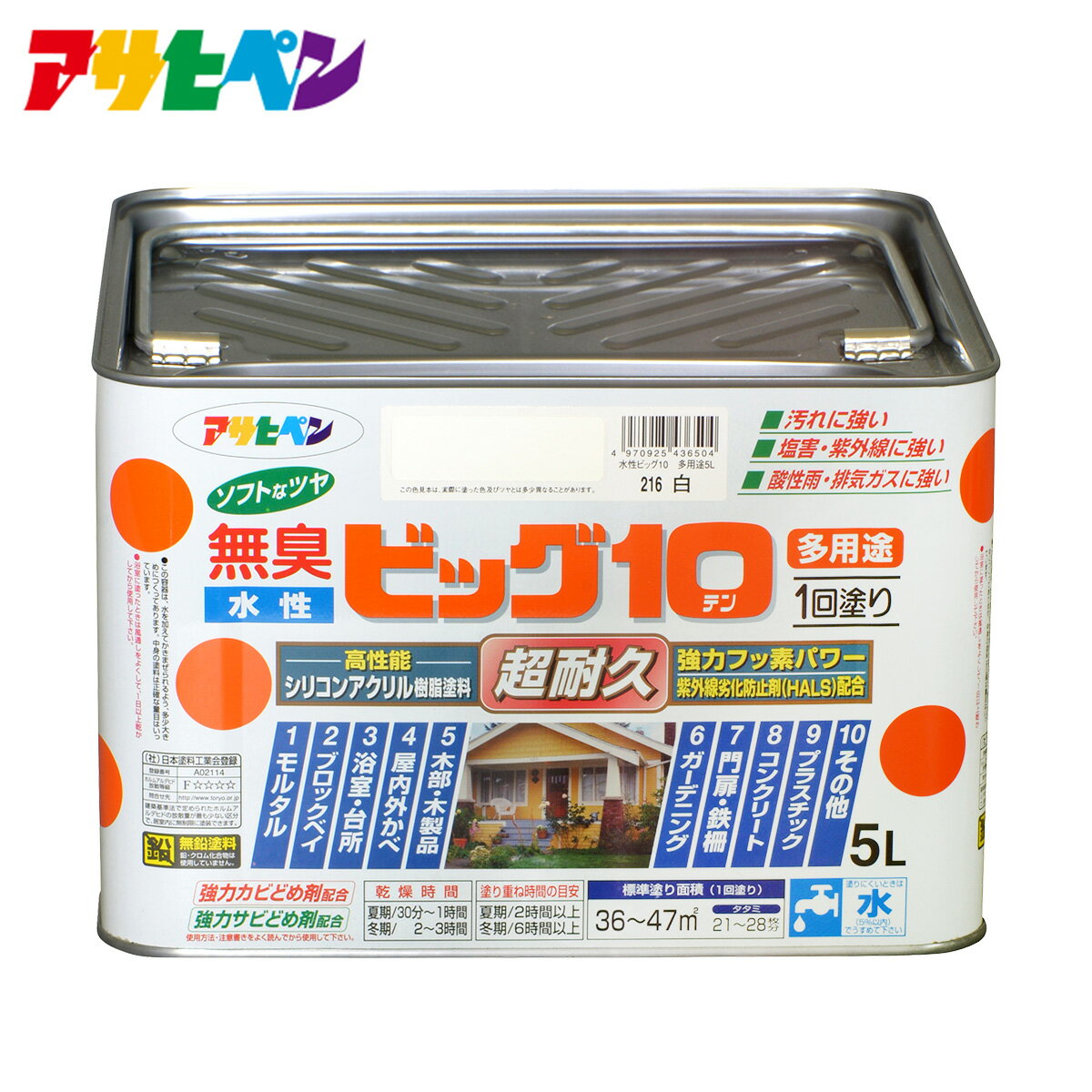 【ポイント5倍 5/9 20:00～5/16 01:59まで】塗料 水性塗料 アサヒペン 水性ビッグ10 多用途 5L タタミ22から29枚分 家具 木工品 鉄製品 コンクリート ブロックなどの塗装