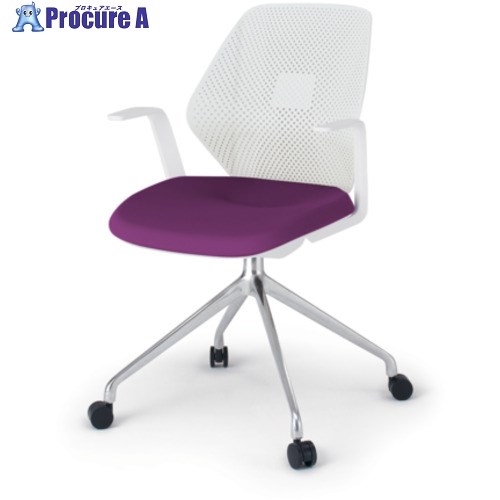 ITOKI キュアチェア 4本脚 樹脂メッシュバック 肘付 ウレタン双輪キャスター付 脚アルミミラー 本体ホワイト 布地プラムパープル KG-985PVM1ZWX7 1脚 ■▼688-0597 【送料都度見積】